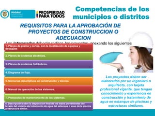 Competencias de los
municipios o distritos
REQUISITOS PARA LA APROBACIÓN DE
PROYECTOS DE CONSTRUCCION O
ADECUACION
Los interesados deberán radicar los proyectos, anexando los siguientes

1. Planos de planta y cortes, con la localización de equipos y
documentos:
desagües
2. Planos de sistemas eléctricos.
3. Planos de sistemas hidráulicos.
4. Diagrama de flujo.

5. Memorias descriptivas de construcción y técnica.
6. Manual de operación de los sistemas.
7. Protocolos de mantenimiento de los sistemas.
8. Descripción sobre la disposición final de los Iodos provenientes del
lavado del sistema de tratamiento de agua del estanque o vaso de la piscina
o estructura similar.

Los proyectos deben ser
elaborados por un ingeniero o
arquitecto, con tarjeta
profesional vigente, que tengan
conocimiento y experiencia en
construcción y tratamiento de
agua en estanque de piscinas y
estructuras similares.

 