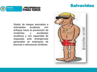 Salvavidas

Gestor de riesgos asociados a
actividades
acuáticas,
con
enfoque hacia la prevención de
incidentes
y
accidentes
acuáticos y con capacidad de
respuesta ante emergencias
generadas en estanques de
piscinas o estructuras similares.

 