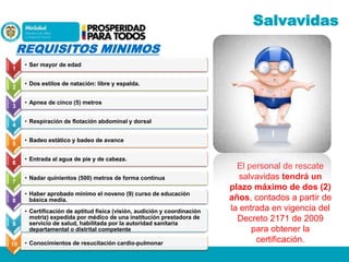 Salvavidas
REQUISITOS MINIMOS
1
2
3
4
5
6
7
8

9

10

• Ser mayor de edad
• Dos estilos de natación: libre y espalda.
• Apnea de cinco (5) metros
• Respiración de flotación abdominal y dorsal
• Badeo estático y badeo de avance
• Entrada al agua de pie y de cabeza.
• Nadar quinientos (500) metros de forma continua
• Haber aprobado mínimo el noveno (9) curso de educación
básica media.
• Certificación de aptitud física (visión, audición y coordinación
motriz) expedida por médico de una institución prestadora de
servicio de salud, habilitada por la autoridad sanitaria
departamental o distrital competente
• Conocimientos de resucitación cardio-pulmonar

El personal de rescate
salvavidas tendrá un
plazo máximo de dos (2)
años, contados a partir de
la entrada en vigencia del
Decreto 2171 de 2009
para obtener la
certificación.

 