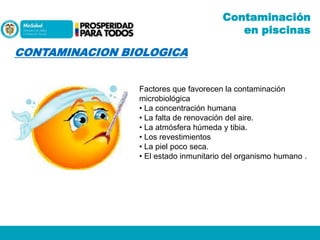 Contaminación
en piscinas

CONTAMINACION BIOLOGICA
Factores que favorecen la contaminación
microbiológica
• La concentración humana
• La falta de renovación del aire.
• La atmósfera húmeda y tibia.
• Los revestimientos
• La piel poco seca.
• El estado inmunitario del organismo humano .

 
