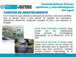 Características físicas,
químicas y microbiológicas
del agua

FUENTES DE ABASTECIMIENTO

Es el recurso de agua utilizado en estanques de piscinas y estructuras similares
para su llenado inicial o para reponer las pérdidas por evaporación,
salpicaduras, filtraciones, retrolavado, enjuague del filtro y por aspiración al
desagüe.
AGUA PARA CONSUMO HUMANO: Debe
cumplir
con
las
características
físicas,
químicas
y
microbiológicas
contempladas en la Resolución 2115 de
2007.
AGUA DULCE NATURAL O CRUDA: Debe
cumplir como mínimo, con los criterios de
calidad admisibles para la destinación del
recurso para fines recreativos, mediante
contacto primario, contemplados en el
artículo 42 del Decreto 1594 de 1984.

 
