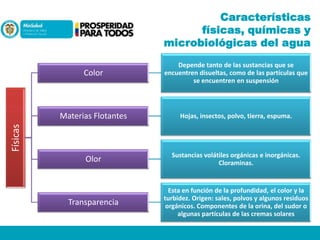 Características
físicas, químicas y
microbiológicas del agua

Materias Flotantes

Hojas, insectos, polvo, tierra, espuma.

Olor

Sustancias volátiles orgánicas e inorgánicas.
Cloraminas.

Transparencia

Esta en función de la profundidad, el color y la
turbidez. Origen: sales, polvos y algunos residuos
orgánicos. Componentes de la orina, del sudor o
algunas partículas de las cremas solares

Físicas

Color

Depende tanto de las sustancias que se
encuentren disueltas, como de las partículas que
se encuentren en suspensión

 