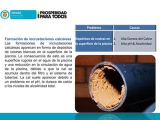 Problema
Formación de incrustaciones calcáreas Depósitos de costras en 1.
Las formaciones de incrustaciones la superficie de la piscina 2.
calcáreas aparecen en forma de depósitos
de costras blancas en la superficie de la
piscina. La consecuencia de esto es una
superficie rugosa en el agua de la piscina
y una reducción en la circulación de agua
de la piscina, debido a que la cal se
acumula dentro del filtro y el sistema de
tuberías. La cal suele aparecer debido a
un problema en el pH, la dureza de calcio
o los niveles de alcalinidad total.

Causas
Alta Dureza del Calcio
Alto pH & Alcalinidad

 