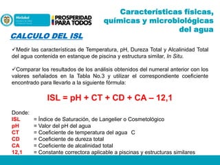 CALCULO DEL ISL

Características físicas,
químicas y microbiológicas
del agua

Medir las características de Temperatura, pH, Dureza Total y Alcalinidad Total
del agua contenida en estanque de piscina y estructura similar, In Situ.
Comparar los resultados de los análisis obtenidos del numeral anterior con los
valores señalados en la Tabla No.3 y utilizar el correspondiente coeficiente
encontrado para llevarlo a la siguiente fórmula:

ISL = pH + CT + CD + CA – 12,1
Donde:
ISL
pH
CT
CD
CA
12,1

= Índice de Saturación, de Langelier o Cosmetológico
= Valor del pH del agua
= Coeficiente de temperatura del agua C
= Coeficiente de dureza total
= Coeficiente de alcalinidad total
= Constante correctora aplicable a piscinas y estructuras similares

 