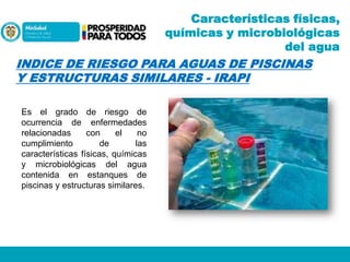 Características físicas,
químicas y microbiológicas
del agua

INDICE DE RIESGO PARA AGUAS DE PISCINAS
Y ESTRUCTURAS SIMILARES - IRAPI
Es el grado de riesgo de
ocurrencia de enfermedades
relacionadas
con
el
no
cumplimiento
de
las
características físicas, químicas
y microbiológicas del agua
contenida en estanques de
piscinas y estructuras similares.

 