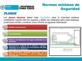 Normas mínimas de
Seguridad
PLANOS
Los planos técnicos deben estar disponibles para la autoridad sanitaria
competente cuando esta los requiera y deben ser realizados para cada estanque
o estructura similar y contener como mínimo, la siguiente información:
Detalles constructivos.

Profundidad(es).

Sistema de tratamiento del agua contenida en el
estanque.
Dimensiones, material de la tubería y equipos
utilizados en el sistema de recirculación del agua
contenida en el estanque.
Otra información relevante relacionada con el
sistema de tratamiento y con el sistema de
recirculación.

 