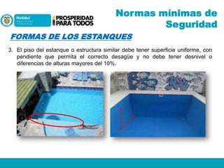 Normas mínimas de
Seguridad
FORMAS DE LOS ESTANQUES
3. El piso del estanque o estructura similar debe tener superficie uniforme, con
pendiente que permita el correcto desagüe y no debe tener desnivel o
diferencias de alturas mayores del 10%.

 