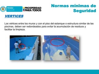 Normas mínimas de
Seguridad
VERTICES
Los vértices entre los muros y con el piso del estanque o estructura similar de las
piscinas, deben ser redondeados para evitar la acumulación de residuos y
facilitar la limpieza.

 