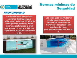 Normas mínimas de
Seguridad
PROFUNDIDAD
Los estanques o estructuras
similares destinados para
bañistas de hasta seis (6) años de
edad (primera infancia), deben
tener una profundidad o nivel
operacional no mayor a 0,60 m y
la pendiente no podrá sobrepasar
el 2%.

<0.6 m

Los estanques o estructuras
similares de las piscinas
destinados para bañistas
mayores de seis (6) años de
edad pueden tener
profundidades mayores de 0,60
m.

>0.6 m

 