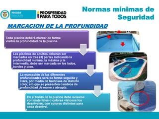 Normas mínimas de
Seguridad
MARCACION DE LA PROFUNDIDAD
Toda piscina deberá marcar de forma
visible la profundidad de la piscina.

Las piscinas de adultos deberán ser
marcadas en tres (3) partes indicando la
profundidad mínima, la máxima y la
intermedia, debe ser marcada en los lados,
bordes y piso.
La marcación de las diferentes
profundidades será de forma seguida y
clara, por medio de baldosas de distinto
color, sin que se presenten cambios de
profundidad de manera abrupta.
En el fondo de la piscina debe avisarse
con materiales o colores vistosos los
desniveles, con colores distintos para
cada desnivel.

 