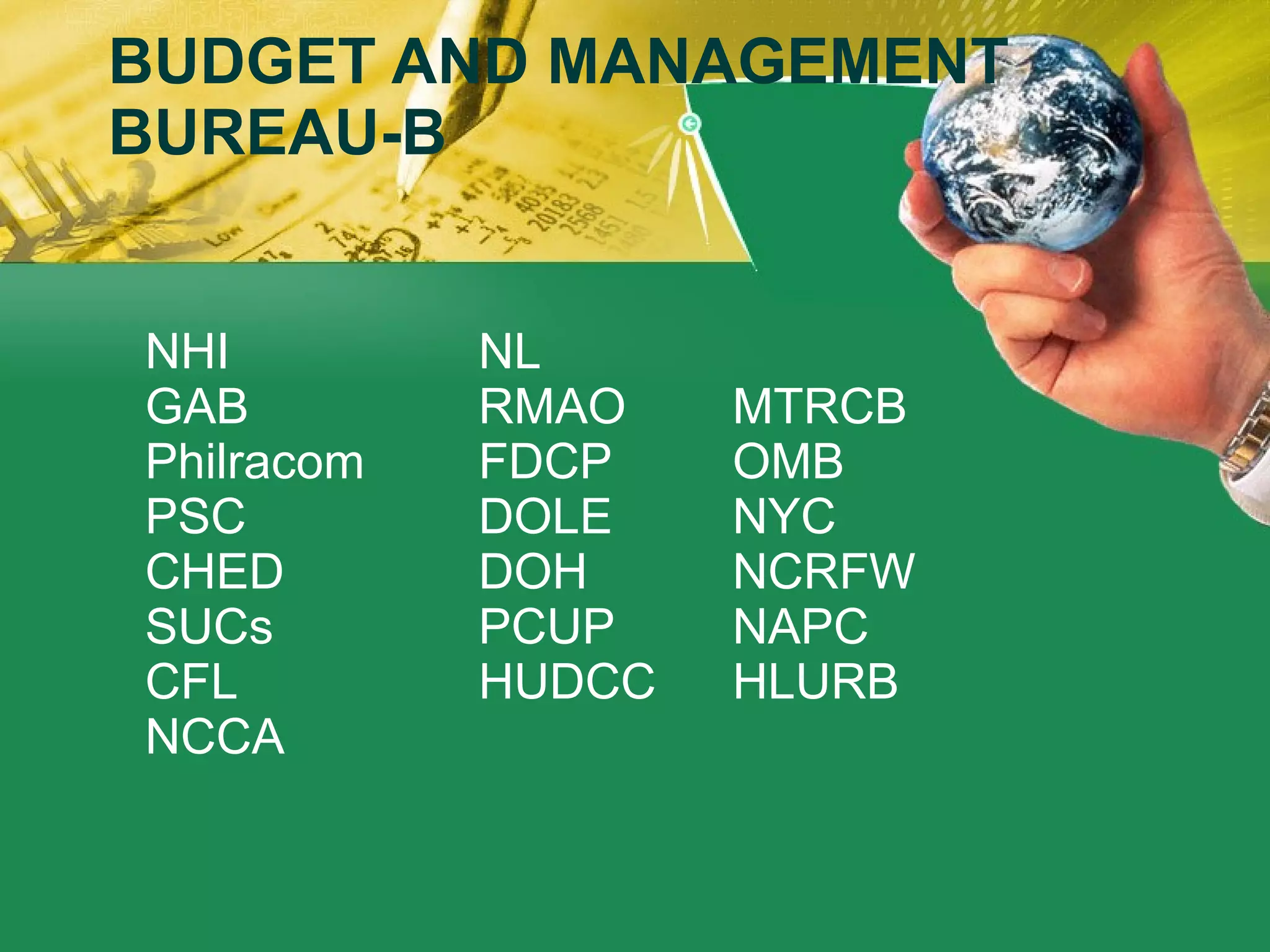 BUDGET AND MANAGEMENT BUREAU-B NHI NL GAB RMAO MTRCB Philracom FDCP OMB PSC DOLE NYC CHED DOH NCRFW SUCs PCUP NAPC CFL HUDCC HLURB NCCA   