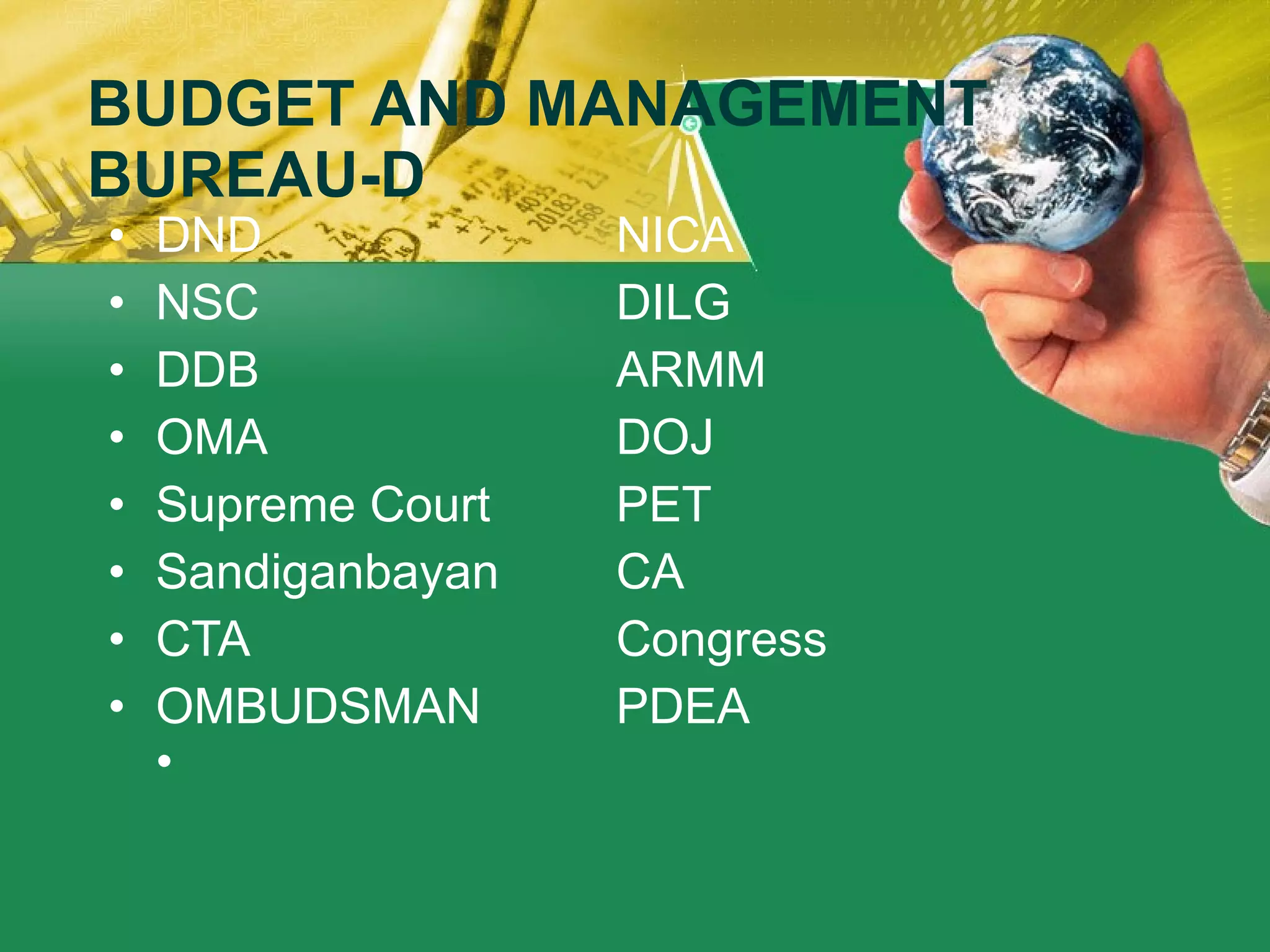 BUDGET AND MANAGEMENT BUREAU-D DND NICA NSC DILG DDB ARMM OMA DOJ Supreme Court PET Sandiganbayan  CA CTA Congress  OMBUDSMAN  PDEA • 