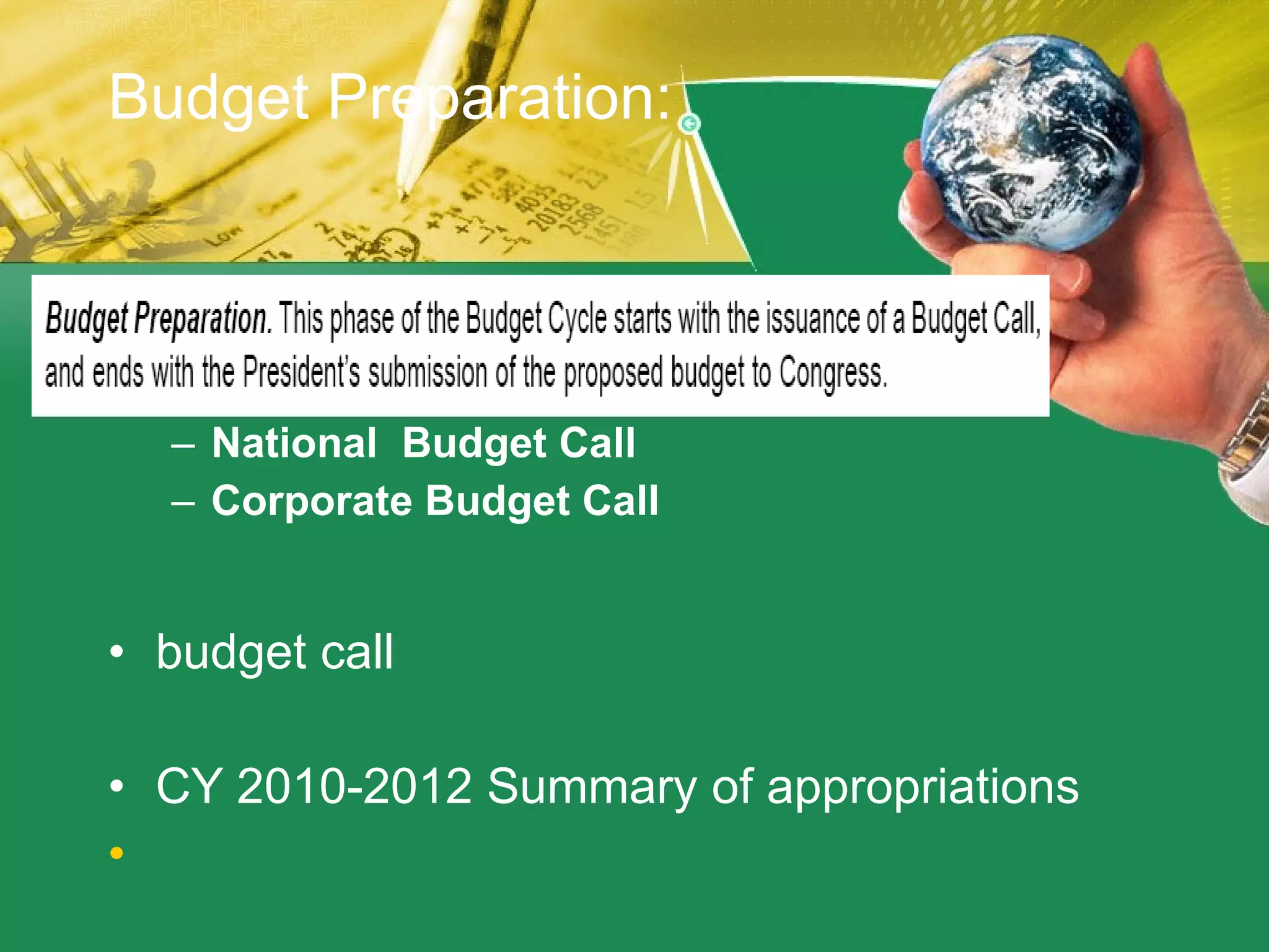 Budget Preparation: National  Budget Call Corporate Budget Call budget call CY 2010-2012 Summary of appropriations    