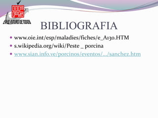 BIBLIOGRAFIA
 www.oie.int/esp/maladies/fiches/e_A130.HTM
 s.wikipedia.org/wiki/Peste _ porcina
 www.sian.info.ve/porcinos/eventos/.../sanchez.htm
 