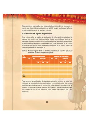 Estas acciones planteadas por los productores deberán ser tomadas en
cuenta por el comité de producción de la OEP para ir analizando la forma
en que posteriormente se las hará cumplir.

b) Elaboración del registro de producción

En el mismo taller se realiza la recolección de información productiva. Se
elabora una matriz de doble entrada, donde en el bloque vertical se
identifica al productor y en el horizontal se incluye la superficie de cultivo,
el rendimiento y la producción esperada por cada productor. Si se cultiva
en más de una época, estas deben estar incluidas en la misma matriz tal
como se presenta en el Cuadro 4.
Cuadro 4. Modelo de registro donde se identifica al productor, la superficie que usa, el
          rendimiento que tiene y la producción esperada.




Para conocer la producción de papa es necesario conocer la superficie
cultivada y los rendimientos estimados. La multiplicación de ambas
variables permitirá calcular la producción total por agricultor tal como se
muestra a continuación en el ejemplo del Cuadro 5 donde además se hace
una diferenciación de las siembras y los meses de cosecha por cada
productor.




                                          13
 