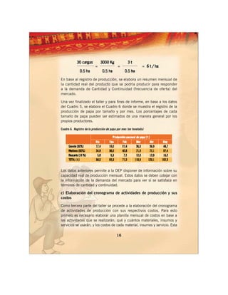 En base al registro de producción, se elabora un resumen mensual de
la cantidad real del producto que se podría producir para responder
a la demanda de Cantidad y Continuidad (frecuencia de oferta) del
mercado.

Una vez finalizado el taller y para fines de informe, en base a los datos
del Cuadro 5, se elabora el Cuadro 6 donde se muestra el registro de la
producción de papa por tamaño y por mes. Los porcentajes de cada
tamaño de papa pueden ser estimados de una manera general por los
propios productores.

Cuadro 6. Registro de la producción de papa por mes (en tonelada)




Los datos anteriores permite a la OEP disponer de información sobre su
capacidad real de producción mensual. Estos datos se deben cotejar con
la información de la demanda del mercado para ver si se satisface en
términos de cantidad y continuidad.

c) Elaboración del cronograma de actividades de producción y sus
costos

Como tercera parte del taller se procede a la elaboración del cronograma
de actividades de producción con sus respectivos costos. Para esto
primero es necesario elaborar una planilla mensual de costos en base a
las actividades que se realizarán; qué y cuántos materiales, insumos y
servicios se usarán; y los costos de cada material, insumos y servicio. Esta

                                           16
 