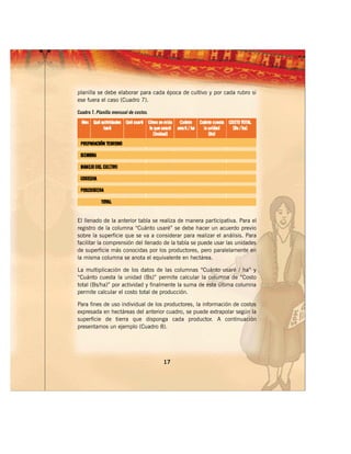 planilla se debe elaborar para cada época de cultivo y por cada rubro si
ese fuera el caso (Cuadro 7).

Cuadro 7. Planilla mensual de costos.




El llenado de la anterior tabla se realiza de manera participativa. Para el
registro de la columna “Cuánto usaré” se debe hacer un acuerdo previo
sobre la superficie que se va a considerar para realizar el análisis. Para
facilitar la comprensión del llenado de la tabla se puede usar las unidades
de superficie más conocidas por los productores, pero paralelamente en
la misma columna se anota el equivalente en hectárea.

La multiplicación de los datos de las columnas “Cuánto usaré / ha” y
“Cuánto cuesta la unidad (Bs)” permite calcular la columna de “Costo
total (Bs/ha)” por actividad y finalmente la suma de esta última columna
permite calcular el costo total de producción.

Para fines de uso individual de los productores, la información de costos
expresada en hectáreas del anterior cuadro, se puede extrapolar según la
superficie de tierra que disponga cada productor. A continuación
presentamos un ejemplo (Cuadro 8).




                                        17
 