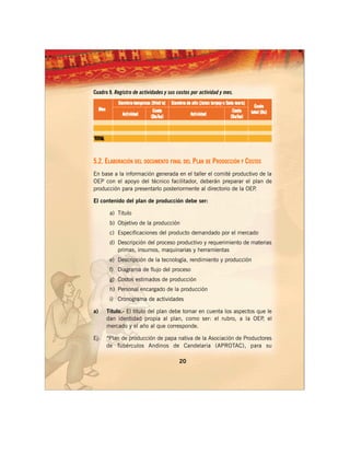 Cuadro 9. Registro de actividades y sus costos por actividad y mes.




5.2. ELABORACIÓN DEL DOCUMENTO FINAL DEL PLAN DE PRODUCCIÓN Y COSTOS
En base a la información generada en el taller el comité productivo de la
OEP con el apoyo del técnico facilitador, deberán preparar el plan de
producción para presentarlo posteriormente al directorio de la OEP.

El contenido del plan de producción debe ser:

       a) Titulo
       b) Objetivo de la producción
       c) Especificaciones del producto demandado por el mercado
       d) Descripción del proceso productivo y requerimiento de materias
          primas, insumos, maquinarias y herramientas
       e) Descripción de la tecnología, rendimiento y producción
       f) Diagrama de flujo del proceso
       g) Costos estimados de producción
       h) Personal encargado de la producción
       i) Cronograma de actividades

a)    Título.- El titulo del plan debe tomar en cuenta los aspectos que le
      dan identidad propia al plan, como ser: el rubro, a la OEP el   ,
      mercado y el año al que corresponde.

Ej:   “Plan de producción de papa nativa de la Asociación de Productores
      de Tubérculos Andinos de Candelaria (APROTAC), para su

                                         20
 