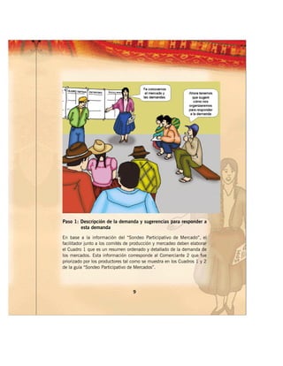Paso 1: Descripción de la demanda y sugerencias para responder a
        esta demanda

En base a la información del “Sondeo Participativo de Mercado”, el
facilitador junto a los comités de producción y mercadeo deben elaborar
el Cuadro 1 que es un resumen ordenado y detallado de la demanda de
los mercados. Esta información corresponde al Comerciante 2 que fue
priorizado por los productores tal como se muestra en los Cuadros 1 y 2
de la guía “Sondeo Participativo de Mercados”.




                                  9
 