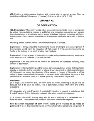 498. Enticing or taking away or detaining with criminal intent a married woman: [Rep. by
the Offence of Zina (Enforcement of Hudood) Ordinance, Vll of 1979, S. 19].
CHAPTER XXI
OF DEFAMATION
499. Defamation: Whoever by words either spoken or intended to be read, or by signs or
by visible representations, makes or publishes any imputation concerning any person
intending to harm, or knowing or having reason to believe that such imputation will harm,
the reputation of such person, is said except in the cases hereinafter excepted, to defame
that
Proviso: [Omitted by the Criminal Law (Amendment) Act JV of 1986.]
Explanation 1: It may amount to defamation to impute anything to a deceased person, if
the jmputator would harm the reputation of that person if living, and is intended to be
hurtful to the feelings of his family or other near relatives.
Explanation 2: It may amount to defamation to make an imputation concerning a company
or an association or collection of persons as such.
Explanation 3: An imputation in the form of an alternative or expressed ironically, may
amount to defamation.
Explanation 4: No imputation is said to harm a person's reputation, unless that imputation
directly or indirectly, in the estimation of others, lowers the moral or intellectual character
of that person, or lowers the character of that person in respect of his caste or of his
calling or lowers the credit of that person, or causes it to be believed that the body of that
person is in a loathsome state, or in a state generally considered a disgraceful.
Illustration
(a) A says: Z is an honest man, he never state B's watch, intending to cause it to be
believed that Z did steal 6's watch., This is defamation, unless it fall within one of the
exceptions.
(£)) A is asked who stole B's watch. A points to Z, intending to cause it to be believed that
Z stole B's watch. This is defamation unless it falls within one of the exceptions.
(c) A draws a picture of Z running away with B's watch, intending it to be believed that Z
stole B's watch. This is defamation, unless it falls within one of the exceptions.
First Exception-Imputation of truth which public good requires to be made or
published: It is not defamation to impute anything which is true concerning any person, if
 