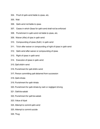304. Proof of qatl-i-amd liable to qisas. etc.
305. Wali
306. Qatl-i-amd not liable to qisas
307. Cases in which Qisas for qatl-i-amd shall not be enforced
308. Punishment in qatl-i-amd not liable to qisas, etc.
309. Waiver (Afw) of qias in qatl-i-amd
310. Compounding of qisas (Sulh) in qatl-i-amd
311. Ta'zir after waiver or compounding of right of qisas in qatl-i-amd
312. Qatl-i-amd after waiver or compounding of qisas
313. Right of qisas in qatl-i-amd
314. Execution of qisas in qatl-i-amd
315. Qatl shibh-i-amd
316. Punishment for qatl shibh-i-amd
317. Person committing qatl debarred from succession
318. Qatl-i-khata
319. Punishment for qatl-i-khata
320. Punishment for qatl-i-khata by rash or negligent driving
321. Oatl-bis-sabab
322. Punishment for qatl bis-sabab
323. Value of diyat
324. Attempt to commit qatl-i-amd
325. Attempt to commit suicide
326. Thug
 