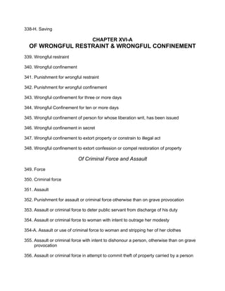 338-H. Saving
CHAPTER XVI-A
OF WRONGFUL RESTRAINT & WRONGFUL CONFINEMENT
339. Wrongful restraint
340. Wrongful confinement
341. Punishment for wrongful restraint
342. Punishment for wrongful confinement
343. Wrongful confinement for three or more days
344. Wrongful Confinement for ten or more days
345. Wrongful confinement of person for whose liberation writ, has been issued
346. Wrongful confinement in secret
347. Wrongful confinement to extort property or constrain to illegal act
348. Wrongful confinement to extort confession or compel restoration of property
Of Criminal Force and Assault
349. Force
350. Criminal force
351. Assault
352. Punishment for assault or criminal force otherwise than on grave provocation
353. Assault or criminal force to deter public servant from discharge of his duty
354. Assault or criminal force to woman with intent to outrage her modesty
354-A. Assault or use of criminal force to woman and stripping her of her clothes
355. Assault or criminal force with intent to dishonour a person, otherwise than on grave
provocation
356. Assault or criminal force in attempt to commit theft of property carried by a person
 