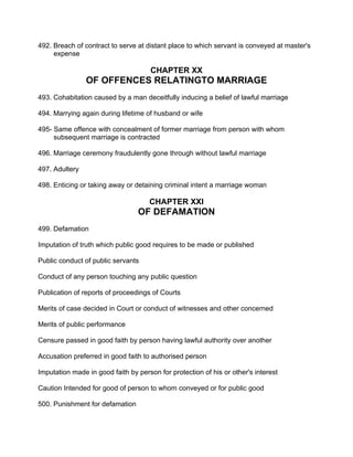 492. Breach of contract to serve at distant place to which servant is conveyed at master's
expense
CHAPTER XX
OF OFFENCES RELATINGTO MARRIAGE
493. Cohabitation caused by a man deceitfully inducing a belief of lawful marriage
494. Marrying again during lifetime of husband or wife
495- Same offence with concealment of former marriage from person with whom
subsequent marriage is contracted
496. Marriage ceremony fraudulently gone through without lawful marriage
497. Adultery
498. Enticing or taking away or detaining criminal intent a marriage woman
CHAPTER XXI
OF DEFAMATION
499. Defamation
Imputation of truth which public good requires to be made or published
Public conduct of public servants
Conduct of any person touching any public question
Publication of reports of proceedings of Courts
Merits of case decided in Court or conduct of witnesses and other concerned
Merits of public performance
Censure passed in good faith by person having lawful authority over another
Accusation preferred in good faith to authorised person
Imputation made in good faith by person for protection of his or other's interest
Caution Intended for good of person to whom conveyed or for public good
500. Punishment for defamation
 