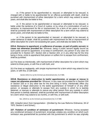 or, if the person to be apprehended or, rescued, or attempted to be rescued, is
charged with or liable to be apprehended for an offence punishable with death, shall be
punished with imprisonment of either description for a term which may extend to seven
years, and shall also be liable to fine;
or, if. the person to be apprehended or rescued or attempted to be rescued, is
liable under the sentence of a Court of Justice, or by virtue of a commutation of such a
sentence, to imprisonment for life or imprisonment, for a term of ten years or upwards,
shall be punished with imprisonment of either description for a term which may extend to
seven years, and shall also be liable to fine;
or, if the person to be apprehended or rescued, or attempted to be rescued, is
under sentence of death, shall be punished with imprisonment for life or imprisonment of
either description for a term not exceeding ten years, and shall also be liable to fine.
225-A. Omission to apprehend, or sufferance of escape, on part of public servant, in
cases not otherwise provided for: Whoever, being a public servant legally bound as
such public servant to apprehend, or to keep in confinement, any person In any case not
provided for in Section 221, Section 222 or Section 223, or in any other law for the time
being in force, omits to apprehend that person or suffers him to escape from confinement,
shall be punished:
(a) if he does so intentionally, with imprisonment of either description for a term which may
extend to three years, or with fine or with both; and
(b) if he does so negligently, with simple imprisonment for a term which may extend to two
years, or with fine, or with both.
Section 225-A ins. by the Criminal Law (Amendment) Act, X of 1886.
225-B. Resistance or obstruction to lawful apprehension, or escape or rescue in
cases not otherwise provided for: Whoever, in any case not provided for in Section 224
or Section 225 or in any other law for the time being in force, intentionally offers any
resistance or illegal obstruction to the lawful apprehension of himself or of any other
person, or escapes or attempts to escape from any custody in which he is lawfully
detained, or rescues or attempts to rescue any other person from any custody in which
that person is lawfully detained, shall be punished with imprisonment of either description
for a term which may extend to six months, or with fine, or with both.
Sec. 225-B ins. by the Criminal Law (Amendment) Act, X of 1886.
226. Unlawful return from transportation : [Omitted by the Law Reforms Ordinance, XII of
1972, Section 2 and Sched.]
227. Violation of condition of remission of punishment: Whoever, having accepted
any conditional remission of punishment, knowingly violates any condition on which such
remission was granted/shall be punished with the punishment to which he was originally
 