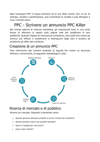 Ogni campagna PPC in lingua straniera ha le sue sfide uniche. Con un po 'di
anticipo, cautela e pianificazione, può aumentare le vendite e può attingere a
nuovi mercati esteri.
PPC - Scrivere un annuncio PPC Killer
Nel mondo odierno di internet marketing, gli inserzionisti sono in una corsa
feroce di afferrare lo spazio sulle pagine web per pubblicare le loro
pubblicità. Quando migliaia di inserzionisti competono, solo quelli che creano gli
annunci più efficaci e accattivanti si distinguono dagli altri e aiutano ad
accelerare gli affari del venditore.
Creazione di un annuncio PPC
Fare riferimento allo schema mostrato di seguito. Per creare un annuncio
efficace e convincente, la seguente metodologia è utile:
Ricerca di mercato e di pubblico
Ricerca sul mercato. Rispondi a domande come:
• Quante persone utilizzano prodotti o servizi venduti dal venditore?
• Quante persone usano vari prodotti paralleli?
• Qual è il budget per l'annuncio?
• Cosa vuole l'utente?
 