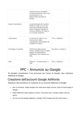 sull'annuncio e completa
un'azione definita come una
conversione in un
determinato periodo di
tempo.
Quota impressioni La percentuale del numero
totale di volte in cui il tuo
annuncio potrebbe essere
stato mostrato rispetto al
numero effettivo di volte in
cui è stato mostrato.
impressioni Il numero di volte in cui
l'annuncio è stato
visualizzato nella pagina dei
risultati di ricerca.
Più è, meglio è.
Punteggio di qualità Pertinenza della parola
chiave, dell'annuncio e della
pagina di destinazione
combinati, che influisce sul
CPC.
Più alto è, meglio è.
ROI (Ritorno - Investimento) ×
100
Più è, meglio è.
PPC - Annuncio su Google
Se desideri visualizzare il tuo annuncio con l'aiuto di Google, devi utilizzare
AdWords di Google.
Creazione dell'account Google AdWords
Passiamo alla procedura di creazione di un account AdWords di Google:
• Apri un browser. Digita Google.com nella barra degli indirizzi. Apre la home page di
Google.
• Digita AdWords nella casella di ricerca. Visualizza tutti i risultati relativi alla tua
query.
• Fai clic sul link Google AdWords | Google (PPC) Google Pay-Per-Click online ...
 