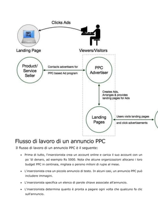 Flusso di lavoro di un annuncio PPC
Il flusso di lavoro di un annuncio PPC è il seguente:
• Prima di tutto, l'inserzionista crea un account online e carica il suo account con un
po 'di denaro, ad esempio Rs 5000. Nota che alcune organizzazioni allocano i loro
budget PPC in centinaia, migliaia o persino milioni di rupie al mese.
• L'inserzionista crea un piccolo annuncio di testo. In alcuni casi, un annuncio PPC può
includere immagini.
• L'inserzionista specifica un elenco di parole chiave associate all'annuncio.
• L'inserzionista determina quanto è pronta a pagare ogni volta che qualcuno fa clic
sull'annuncio.
 