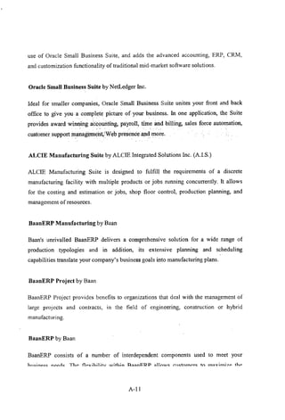 use of Oracle Small Business Suite, and adds the advanced accounting, ERP, CRM,
and customization functionality of traditional mid-market software solutions.
Oracle Small Business Suite by NetLedger Inc.
Ideal for smaller companies, Oracle Small Business Suite unites your front and back
office to give you aconplete picture of your business. In one application, the Suite
provides award winning accounting, payroll, time imd billing, sales force automation,
, ,'"
customer support managlJll1ent,:Webpresenc~and more.
ALCIE Manufacturing Suite by ALCIE Integrated Solutions Inc. (A.I.S.)
ALCIE Manufacturing Suite is designed to fulfill the requirements of a discrete
manufacturing facility with multiple products or jobs running concurrently. It allows
for the costing and estimation or jobs, shop floor control, production planning, and
management of resources.
BaanERP Manufacturing by Baan
Baan's unrivalled BaanERP delivers a comprehensive solution for a wide range of
production typologies and in addition, its extensive planning and scheduling
capabilities translate your company's business goals into manufacturing plans.
BaanERP Project by Baan
BaanERP Project provides benefits to organizations that deal with the management of
large projects and contracts, in the field of engineering, construction or hybrid
manufacturing.
BaanERP by Baan
BaanERP consists of a number of interdependent components used to meet your
hll~inp.I.::'" npp,-h:: ThP flp:ythl1ihr u.,tthin R~~nPRP ~11
•.•
u.,c (,lldnmPTC to rn~Ylm17P thp
A-II
 