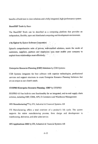 benefits of both best in class solutions and a fully integrated, high-performance system.
BaanERP Tools by Baan
The BaanERP Tools can be described as a computing platform that provides an
independent, flexible, open and distributed computing and development environment.
e by Epicor by Epicor Software <:;orporation
Epicor's comprehensive suite of proven, web-enabled solutions, meets the needs of
customers, suppliers, partners andemployees- ..•you must enable your company to
exploit these relationships most effectively ..•
Enterprise Resource Planning (ERP) Solutions by CSB Systems
CSB Systems integrates the best software with superior technologies, professional
services and support structures to create Enterprise Resource Planning Solutions that
are as unique as our client's needs.
SYSPRO Enterprise Resource Planning - ERP by SYSPRO
SYSPRO 6.0 has built-in core functionality for an integrated, end-to-end supply chain
solution, including ERP, CRM, APS, E-Commerce and Warehouse Management.
IFS Manufacturing™ by IFS, Industrial & Financial Systems AB
IFS Manufacturing offers a total overview of a product's life cycle. The system
supports the entire manufacturing process, from design and development to
warehousing, deliveries, and after sales service.
IFS Applications 2002 by IFS, Industrial & Financial Systems AB
A-12
 