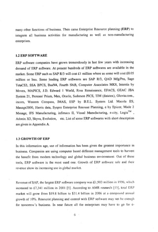 many other functions of business. Then came Enterprise Resource planning (ERP) to
integrate all business activities for manufacturing as well as non-manufacturing
enterprises.
1.2 ERP SOFTWARE
ERP software companies have grown tremendously in last few years with increasing
demand of ERP software. At present hundreds of ERP softwares are available in the
market. Some ERP such as SAP R/3 will cost £1 million where as some will cost £0.05
million or less. Some leading ERP softwares are SAP R/3, QAD Mfg/Pro, Sage
TetaCS3, SSA BPCS, BaaN4, Fourth Shift, Computer Associates MK8, Intentia by
Movex, MAPICS, J.D. Edward I World, Ross Renaissance, EFACS, GEAC JBA
System 21, Protean! Prism, Max, Oracle, Saderson PICS, TIM (datatex), Glovia.com.,
incom, Western Compass, IMAS, ESP by B.E.L. System Ltd. Macola ES,
Manage2000, Harris data, Syspro Enterprise Resouse Planning, e by Epicor, Made 2
Manage, IFS Manufacturing, infimacs II, Visual Manufacturing, e-city, Logix™ ,
Adonix X3, Skyva, Evolution, etc. List of some ERP softwares with short description
are given in Appendix A.
1.3 GROWTH OF ERP
In this information age, use of information has been given the greatest importance in
business. Companies are using computer based different management tools to harvest
the benefit from modem technology and global business environment. Out of these
tools, ERP software is the most used one. Growth of ERP software sale and their
revenue show its increasing use in global market.
Revenue of SAP, the largest ERP software company was£1,903 million in 1996, which
increased to £7,341 million in 2001 [5]. According to AMR research [15], total lORP
market will grow from $19.8 billion to $31.4 billion in 2006 at a compound annual
growth of 10%. Resource planning and control with ERP software may not bc cnough
for tomorrow's business. In near future all the enterprises may have to go for c-
6
 