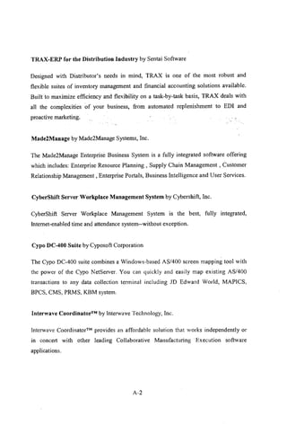 TRAX-ERP for the Distribution Industry by Sentai Software
Designed with Distributor's needs in mind, TRAX is one of the most robust and
flexible suites of inventory management and financial accounting solutions available.
Built to maximize. efficiency and flexibility on a task-by-task basis, TRAX deals with
all the complexities of your business, from automated replenishment to EDI and
proactive marketing.
Made2Manage by Made2Manage Systems, Inc.
The Made2Manage Enterprise Business System is a fully integrated software offering
which includes: Enterprise Resource Planning, Supply Chain Management, Customer
Relationship Management, Enterprise Portals, Business Intelligence and User Services.
CyberShift Server Workplace Management System by Cybershift, Inc.
CyberShift Server Workplace Management System is the best, fully integrated,
Intemet-enabled time and attendance system--without exception.
Cypo DC-400 Suite by Cyposoft Corporation
The Cypo DC-400 suite combines a Windows-based AS/400 screen mapping tool with
the power of the Cypo NetServer. You can quickly and easily map existing AS/400
transactions to any data collection terminal including JD Edward World, MAPICS,
BPCS, CMS, PRMS, KBM system.
Interwave Coordinator™ by Interwave Technology, Inc.
Interwave Coordinator™provides an affordable solution that works independently or
in concert with other leading Collaborative Manufacturing .Execution software
applications.
A-2
 