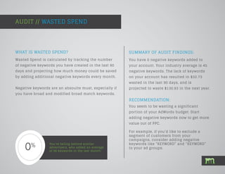 SUMMARY OF AUDIT FINDINGS:
Wasted Spend is calculated by tracking the number
of negative keywords you have created in the last 90
days and projecting how much money could be saved
by adding additional negative keywords every month.
Negative keywords are an absoulte must, especially if
you have broad and modified broad match keywords.
AUDIT // WASTED SPEND
You’re falling behind similar
advertisers, who added an average
of 56 keywords in the last month.
You have 0 negative keywords added to
your account. Your industry average is 45
negative keywords. The lack of keywords
on your account has resulted in $32.73
wasted in the last 90 days, and is
projected to waste $130.93 in the next year.
WHAT IS WASTED SPEND?
RECOMMENDATION:
You seem to be wasting a significant
portion of your AdWords budget. Start
adding negative keywords now to get more
value out of PPC.
For example, if you’d like to exclude a
segment of customers from your
campaigns, consider adding negative
keywords like “KEYWORD” and “KEYWORD”
to your ad groups.
 