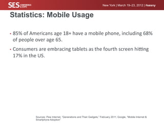 New York | March 19–23, 2012 | #sesny


Statistics: Mobile Usage

•  85%	
  of	
  Americans	
  age	
  18+	
  have	
  a	
  mobile	
  phone,	
  including	
  68%	
  
 of	
  people	
  over	
  age	
  65.	
  	
  
•  Consumers	
  are	
  embracing	
  tablets	
  as	
  the	
  fourth	
  screen	
  hiXng	
  
 17%	
  in	
  the	
  US.	
  




                   Sources: Pew Internet, “Generations and Their Gadgets,” February 2011; Google, “Mobile Internet &
                   Smartphone Adoption”
 