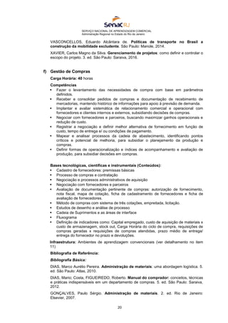 SERVIÇO NACIONAL DE APRENDIZAGEM COMERCIAL
Administração Regional no Estado do Rio de Janeiro
20
VASCONCELLOS, Eduardo Alcântara de. Políticas de transporte no Brasil a
construção da mobilidade excludente. São Paulo: Manole, 2014.
XAVIER, Carlos Magno da Silva. Gerenciamento de projetos: como definir e controlar o
escopo do projeto. 3. ed. São Paulo: Saraiva, 2016.
f) Gestão de Compras
Carga Horária: 40 horas
Competências
 Fazer o levantamento das necessidades de compra com base em parâmetros
definidos.
 Receber e consolidar pedidos de compras e documentação de recebimento de
mercadorias, mantendo histórico de informações para apoio à previsão de demanda.
 Implantar e avaliar sistemática de relacionamento comercial e operacional com
fornecedores e clientes internos e externos, subsidiando decisões de compras.
 Negociar com fornecedores e parceiros, buscando maximizar ganhos operacionais e
redução de custo.
 Registrar a negociação e definir melhor alternativa de fornecimento em função de
custo, tempo de entrega e/ ou condições de pagamento.
 Mapear e analisar processos da cadeia de abastecimento, identificando pontos
críticos e potencial de melhoria, para subsidiar o planejamento da produção e
compras.
 Definir formas de operacionalização e índices de acompanhamento e avaliação de
produção, para subsidiar decisões em compras.
Bases tecnológicas, científicas e instrumentais (Conteúdos):
 Cadastro de fornecedores: premissas básicas
 Processo de compras e contratação
 Negociação e processos administrativos de aquisição
 Negociação com fornecedores e parceiros
 Avaliação de documentação pertinente de compras: autorização de fornecimento,
nota fiscal, mapa de cotação, ficha de cadastramento de fornecedores e ficha de
avaliação de fornecedores.
 Método de compras com sistema de três cotações, empreitada, licitação.
 Estudos de desenho e análise de processo
 Cadeia de Suprimentos e as áreas de interface
 Fluxograma
 Definição de indicadores como: Capital empregado, custo de aquisição de materiais x
custo de armazenagem, stock out, Carga Horária do ciclo de compra, requisições de
compras geradas x requisições de compras atendidas, prazo médio de entrega/
entrega do fornecedor no prazo e devoluções.
Infraestrutura: Ambientes de aprendizagem convencionais (ver detalhamento no item
11)
Bibliografia de Referência:
Bibliografia Básica:
DIAS, Marco Aurélio Pereira. Administração de materiais: uma abordagem logística. 5.
ed. São Paulo: Atlas, 2010.
DIAS, Mario; Costa, FIGUEIREDO, Roberto. Manual do comprador: conceitos, técnicas
e práticas indispensáveis em um departamento de compras. 5. ed. São Paulo: Saraiva,
2012.
GONÇALVES, Paulo Sérgio. Administração de materiais. 2. ed. Rio de Janeiro:
Elsevier, 2007.
 