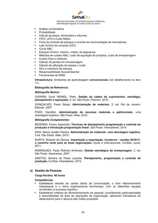 SERVIÇO NACIONAL DE APRENDIZAGEM COMERCIAL
Administração Regional no Estado do Rio de Janeiro
26
 Análise combinatória
 Probabilidade
 Cálculo de pesos, dimensões e volumes.
 FIFO, LIFO e Custo Médio
 Ficha de controle de estoque e controle de movimentação de mercadorias
 Lote mínimo de compras (LEC)
 Curva ABC
 Estoque mínimo, máximo, médio, de segurança.
 Métodos de custeio ABC, custo de aquisição de produtos, custo de armazenagem
 Custos fixos e variáveis
 Cálculo de perdas em armazenagem
 Cálculo de utilização do espaço x custo
 Giro e cobertura de estoque
 Responsabilidade Socioambiental
 Ferramentas de WMS
Infraestrutura: Ambientes de aprendizagem convencionais (ver detalhamento no item
11).
Bibliografia de Referência:
Bibliografia Básica:
CHOPRA, Sunil; MEINDL, Peter. Gestão da cadeia de suprimentos: estratégia,
planejamento e operações. 6. ed. São Paulo: Pearson, 2016.
GONÇALVES, Paulo Sérgio. Administração de materiais. 2. ed. Rio de Janeiro:
Elsevier, 2007.
POZO, Hamilton. Administração de recursos materiais e patrimoniais: uma
abordagem logística. São Paulo: Atlas, 2010.
Bibliografia Complementar:
BEZERRA, Cicero Aparecido. Técnicas de planejamento programação e controle da
produção e introdução programação linear. São Paulo: Intersaberes, 2014.
DIAS, Marco Aurélio Pereira. Administração de materiais: uma abordagem logística.
5 ed. São Paulo: Atlas, 2010.
MURTA, Roberto de Oliveira. Importação e exportação: Incoterms - revisão 2010/11:
o caminho certo para as boas negociações: locais e internacionais. Curitiba: Juruá,
2011.
RODRIGUES, Paulo Roberto Ambrosio. Gestão estratégica de armazenagem. 2. ed.
São Paulo: Aduaneiras, 2007.
SANTOS, Adriana de Paula Lacerda. Planejamento, programação e controle de
produção. Curitiba: Intersaberes, 2015.
e) Gestão de Pessoas
Carga Horária: 40 horas
Competências
 Estabelecer através de canais claros de comunicação, o bom relacionamento
interpessoal e o clima organizacional harmonioso, com as diferentes equipes
envolvidas no processo logístico.
 Estabelecer critérios de dimensionamento de pessoal, considerando particularidades
e sazonalidades da área de operações da organização, aplicando indicadores de
desempenho para o alcance das metas propostas.
 