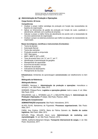 SERVIÇO NACIONAL DE APRENDIZAGEM COMERCIAL
Administração Regional no Estado do Rio de Janeiro
29
g) Administração de Produção e Operações
Carga Horária: 40 horas
Competências
 Analisar e propor melhor estratégia de produção em função das necessidades da
logística da organização.
 Aplicar as ferramentas de gestão da produção em função de custo, qualidade e
atendimento, alinhado com a política da empresa.
 Calcular e propor a melhor forma de atendimento de acordo com a necessidade de
recursos operacionais da organização.
 Analisar e propor os sistemas produtivos que melhor se adequam às necessidades da
organização.
Bases tecnológicas, científicas e instrumentais (Conteúdos):
 Teoria da decisão
 Automação flexível
 Teoria das restrições
 Produção puxada ou empurrada
 CEP, Seis sigma
 MRP I, MRP II, OPT e ERP.
 Tipos de arranjo físico: em “U”, em “L”, em “I”.
 Identificação e administração de gargalos
 Planejamento de capacidade
 Economia de escala e escopo
 Sistemas de produção
 Indicadores de desempenho
 Planejamento de recursos
Infraestrutura: Ambientes de aprendizagem convencionais (ver detalhamento no item
11).
Bibliografia de Referência:
Bibliografia Básica:
CORRÊA, Henrique L. Administração da produção e operações: manufatura e
serviços. 2. ed. São Paulo: Atlas, 2013.
DORNIER, Philippe-Pierre. Logística e operações globais: texto e casos. 6. ed. Atlas:
São Paulo, 2010.
KRAJEWSKI, Lee J., RITZMAN Larry P. e MALHOTRA Manoj K. Administração de
Produção e Operações. 8ª edição. São Paulo, Pearson, 2009.
Bibliografia Complementar:
ADMINISTRAÇÃO empresarial. São Paulo: Intersaberes, 2015.
ALVES FILHO, Bartolomeu de Figueiredo. Processos organizacionais. São Paulo:
Atlas, 2011.
FARIA, Ana Cristina; COSTA, Maria de Fátima Gameiro da. Gestão de custos
logísticos. São Paulo: Atlas, 2012.
KOTLER, Philip; KELLER, Kevin Lane. Administração de marketing com
mymarketinglab. 14. ed. São Paulo: Pearson, 2015.
VIEIRA, Guilherme Bergmann Borges. Transporte internacional de cargas. 2. ed. São
Paulo: Aduaneiras, 2011.
 