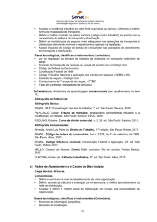 SERVIÇO NACIONAL DE APRENDIZAGEM COMERCIAL
Administração Regional no Estado do Rio de Janeiro
33
 Analisar a incidência tributária do valor final no produto ou serviço. Definindo a melhor
forma de modalidade de transporte.
 Definir o melhor contrato na esfera Jurídica (código civil e tributário) de acordo com a
necessidade do sistema de transporte e distribuição.
 Definir as modalidades de seguros mais adequadas nas operações de transportes e
distribuição atendendo normas e regulamentos vigentes na legislação.
 Avaliar impactos do código de defesa do consumidor nas operações de atendimento
em transporte e distribuição.
Bases tecnológicas, científicas e instrumentais (conteúdos):
 Lei de regulação da jornada de trabalho do motorista no transporte rodoviário de
carga
 Contrato de transporte de pessoas ou coisas de acordo com o Código Civil
 Código de Defesa do Consumidor
 Constituição Federal de 1988
 Código Tributário Nacional e aplicação dos tributos em especial o ICMS x ISS.
 Contrato de seguro – Código Civil
 Conhecimento de Transporte de cargas. - CTRC
 Tipos de Contratos (prestadores de serviços)

Infraestrutura: Ambientes de aprendizagem convencionais (ver detalhamento no item
11).
Bibliografia de Referência:
Bibliografia Básica:
BRASIL. CLT: Consolidação das leis de trabalho. 7. ed. São Paulo: Saraiva, 2016.
PILAGALLO, Oscar. Tributo ao mercado: desequilíbrio concorrencial tributário e a
constituição: um debate. São Paulo: Saraiva; ETCO, 2010.
REQUIÃO, Rubens. Curso de direito comercial. v. 2. 28. ed. São Paulo: Saraiva, 2011.
Bibliografia Complementar:
Almeida, André Luiz Paes de. Direito do Trabalho. 17ª edição, São Paulo, Rideel, 2017.
BRASIL. Código de defesa do consumidor: Lei n. 8.078, de 11 de setembro de 1990.
São Paulo: Atlas, 2003.
BRASIL. Código tributário nacional: Constituição Federal e legislação. 23. ed. São
Paulo: Rideel, 2017.
MELLO, Cleyson de Moraes. Direito Civil: contratos. Rio de Janeiro: Freitas Bastos,
2017.
OLIVEIRA, Aristeu de. Cálculos trabalhistas. 27. ed. São Paulo: Atlas, 2015.
c) Redes de Abastecimento e Canais de Distribuição
Carga Horária: 40 horas
Competências
 Definir e estruturar a rede de abastecimento de uma organização.
 Definir, através de cálculos e avaliação da infraestrutura, o melhor aproveitamento da
rede de distribuição.
 Analisar e definir o melhor canal de distribuição em função das necessidades da
organização.
Bases tecnológicas, científicas e instrumentais (Conteúdos):
 Sistemas de informação geográfica.
 Decisões de localização.
 