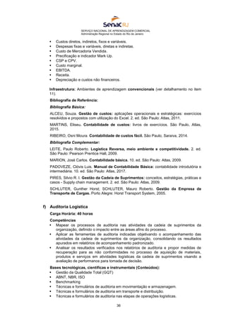 SERVIÇO NACIONAL DE APRENDIZAGEM COMERCIAL
Administração Regional no Estado do Rio de Janeiro
36
 Custos diretos, indiretos, fixos e variáveis.
 Despesas fixas e variáveis, diretas e indiretas.
 Custo de Mercadoria Vendida.
 Precificação e indicador Mark Up.
 CSP e CPV.
 Custo marginal.
 EBITDA.
 Receita.
 Depreciação e custos não financeiros.
Infraestrutura: Ambientes de aprendizagem convencionais (ver detalhamento no item
11).
Bibliografia de Referência:
Bibliografia Básica:
ALCEU, Souza. Gestão de custos: aplicações operacionais e estratégicas: exercícios
resolvidos e propostos com utilização do Excel. 2. ed. São Paulo: Atlas, 2011.
MARTINS, Eliseu. Contabilidade de custos: livros de exercícios. São Paulo, Atlas,
2015.
RIBEIRO, Osni Moura. Contabilidade de custos fácil. São Paulo, Saraiva, 2014.
Bibliografia Complementar:
LEITE, Paulo Roberto. Logística Reversa, meio ambiente e competitividade. 2. ed.
São Paulo: Pearson Prentice Hall, 2009.
MARION, José Carlos. Contabilidade básica. 10. ed. São Paulo: Atlas, 2009.
PADOVEZE, Clóvis Luis. Manual de Contabilidade Básica: contabilidade introdutória e
intermediária. 10. ed. São Paulo: Atlas, 2017.
PIRES, Silvio R. I. Gestão da Cadeia de Suprimentos: conceitos, estratégias, práticas e
casos - Supply chain management. 2. ed. São Paulo: Atlas, 2009.
SCHLUTER, Gunther Horst; SCHLUTER, Mauro Roberto. Gestão da Empresa de
Transporte de Cargas. Porto Alegre: Horst Transport System, 2005.
f) Auditoria Logística
Carga Horária: 40 horas
Competências
 Mapear os processos de auditoria nas atividades da cadeia de suprimentos da
organização, definido o impacto entre as áreas afins do processo.
 Aplicar as ferramentas de auditoria indicadas objetivando o acompanhamento das
atividades da cadeia de suprimentos da organização, consolidando os resultados
apurados em relatórios de acompanhamento padronizado.
 Analisar os resultados verificados nos relatórios de auditoria e propor medidas de
recuperação para as não conformidades no processo de aquisição de materiais,
produtos e serviços em atividades logísticas da cadeia de suprimentos visando a
avaliação de performance para tomada de decisão.
Bases tecnológicas, científicas e instrumentais (Conteúdos):
 Gestão da Qualidade Total (GQT)
 ABNT, NBR, ISO
 Benchmarking
 Técnicas e formulários de auditoria em movimentação e armazenagem.
 Técnicas e formulários de auditoria em transporte e distribuição.
 Técnicas e formulários de auditoria nas etapas de operações logísticas.
 