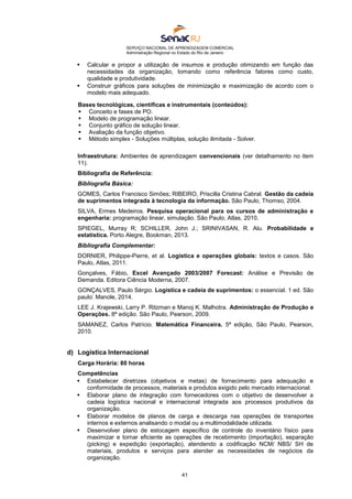 SERVIÇO NACIONAL DE APRENDIZAGEM COMERCIAL
Administração Regional no Estado do Rio de Janeiro
41
 Calcular e propor a utilização de insumos e produção otimizando em função das
necessidades da organização, tomando como referência fatores como custo,
qualidade e produtividade.
 Construir gráficos para soluções de minimização e maximização de acordo com o
modelo mais adequado.
Bases tecnológicas, científicas e instrumentais (conteúdos):
 Conceito e fases de PO.
 Modelo de programação linear.
 Conjunto gráfico de solução linear.
 Avaliação da função objetivo.
 Método simplex - Soluções múltiplas, solução ilimitada - Solver.
Infraestrutura: Ambientes de aprendizagem convencionais (ver detalhamento no item
11).
Bibliografia de Referência:
Bibliografia Básica:
GOMES, Carlos Francisco Simões; RIBEIRO, Priscilla Cristina Cabral. Gestão da cadeia
de suprimentos integrada à tecnologia da informação. São Paulo, Thomso, 2004.
SILVA, Ermes Medeiros. Pesquisa operacional para os cursos de administração e
engenharia: programação linear, simulação. São Paulo, Atlas, 2010.
SPIEGEL, Murray R; SCHILLER, John J.; SRINIVASAN, R. Alu. Probabilidade e
estatística. Porto Alegre, Bookman, 2013.
Bibliografia Complementar:
DORNIER, Philippe-Pierre, et al. Logística e operações globais: textos e casos. São
Paulo, Atlas, 2011.
Gonçalves, Fábio. Excel Avançado 2003/2007 Forecast: Análise e Previsão de
Demanda. Editora Ciência Moderna, 2007.
GONÇALVES, Paulo Sérgio. Logística e cadeia de suprimentos: o essencial. 1 ed. São
paulo: Manole, 2014.
LEE J. Krajewski, Larry P. Ritzman e Manoj K. Malhotra. Administração de Produção e
Operações. 8ª edição. São Paulo, Pearson, 2009.
SAMANEZ, Carlos Patrício. Matemática Financeira. 5ª edição, São Paulo, Pearson,
2010.
d) Logística Internacional
Carga Horária: 80 horas
Competências
 Estabelecer diretrizes (objetivos e metas) de fornecimento para adequação e
conformidade de processos, materiais e produtos exigido pelo mercado internacional.
 Elaborar plano de integração com fornecedores com o objetivo de desenvolver a
cadeia logística nacional e internacional integrada aos processos produtivos da
organização.
 Elaborar modelos de planos de carga e descarga nas operações de transportes
internos e externos analisando o modal ou a multimodalidade utilizada.
 Desenvolver plano de estocagem específico de controle do inventário físico para
maximizar e tornar eficiente as operações de recebimento (importação), separação
(picking) e expedição (exportação), atendendo a codificação NCM/ NBS/ SH de
materiais, produtos e serviços para atender as necessidades de negócios da
organização.
 