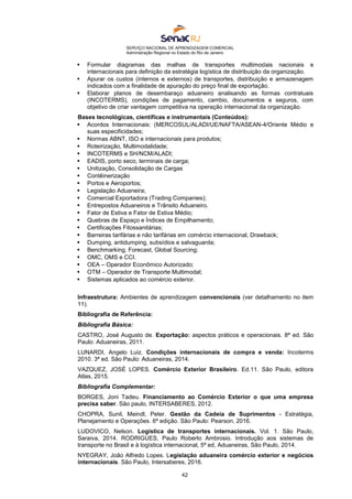 SERVIÇO NACIONAL DE APRENDIZAGEM COMERCIAL
Administração Regional no Estado do Rio de Janeiro
42
 Formular diagramas das malhas de transportes multimodais nacionais e
internacionais para definição da estratégia logística de distribuição da organização.
 Apurar os custos (internos e externos) de transportes, distribuição e armazenagem
indicados com a finalidade de apuração do preço final de exportação.
 Elaborar planos de desembaraço aduaneiro analisando as formas contratuais
(INCOTERMS), condições de pagamento, cambio, documentos e seguros, com
objetivo de criar vantagem competitiva na operação internacional da organização.
Bases tecnológicas, científicas e instrumentais (Conteúdos):
 Acordos Internacionais: (MERCOSUL/ALADI/UE/NAFTA/ASEAN-4/Oriente Médio e
suas especificidades;
 Normas ABNT, ISO e internacionais para produtos;
 Roteirização, Multimodalidade;
 INCOTERMS e SH/NCM/ALADI;
 EADIS, porto seco, terminais de carga;
 Unitização, Consolidação de Cargas
 Contêinerização
 Portos e Aeroportos;
 Legislação Aduaneira;
 Comercial Exportadora (Trading Companies);
 Entrepostos Aduaneiros e Trânsito Aduaneiro.
 Fator de Estiva e Fator de Estiva Médio;
 Quebras de Espaço e Índices de Empilhamento;
 Certificações Fitossanitárias;
 Barreiras tarifárias e não tarifárias em comércio internacional, Drawback;
 Dumping, antidumping, subsídios e salvaguarda;
 Benchmarking, Forecast, Global Sourcing;
 OMC, OMS e CCI.
 OEA – Operador Econômico Autorizado;
 OTM – Operador de Transporte Multimodal;
 Sistemas aplicados ao comércio exterior.
Infraestrutura: Ambientes de aprendizagem convencionais (ver detalhamento no item
11).
Bibliografia de Referência:
Bibliografia Básica:
CASTRO, José Augusto de. Exportação: aspectos práticos e operacionais. 8ª ed. São
Paulo: Aduaneiras, 2011.
LUNARDI, Angelo Luiz. Condições internacionais de compra e venda: Incoterms
2010. 3ª ed. São Paulo: Aduaneiras, 2014.
VAZQUEZ, JOSÉ LOPES. Comércio Exterior Brasileiro. Ed.11. São Paulo, editora
Atlas, 2015.
Bibliografia Complementar:
BORGES, Joni Tadeu. Financiamento ao Comércio Exterior o que uma empresa
precisa saber. São paulo, INTERSABERES, 2012.
CHOPRA, Sunil, Meindl, Peter. Gestão da Cadeia de Suprimentos - Estratégia,
Planejamento e Operações. 6ª edição. São Paulo: Pearson, 2016.
LUDOVICO, Nelson. Logística de transportes internacionais. Vol. 1. São Paulo,
Saraiva, 2014. RODRIGUES, Paulo Roberto Ambrosio. Introdução aos sistemas de
transporte no Brasil e à logística internacional, 5ª ed, Aduaneiras, São Paulo, 2014.
NYEGRAY, João Alfredo Lopes. Legislação aduaneira comércio exterior e negócios
internacionais. São Paulo, Intersaberes, 2016.
 