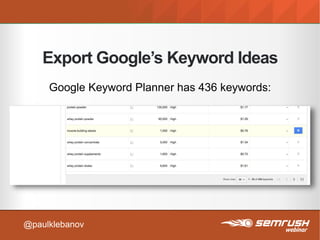 Export Google’s Keyword Ideas
Google Keyword Planner has 436 keywords:
@paulklebanov
 