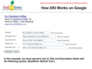 How DKI Works on Google In this example, we show dynamic text in Title and Description fields with the following syntax: {KeyWord: Default Text }. Buy  Darkstar Coffee  Save on  Darkstar Coffee   for  Home or Office.  Free Shipping!  www.AcmeCoffees.com 