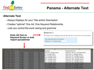 Panama - Alternate Text Alternate Text   - Always Displays for your Title and/or Description - Creates “optimal” One Ad: One Keyword Relationship - Lets you control the word casing and grammar   Enter Alt Text on Keyword Screen or bulk import spreadsheet 