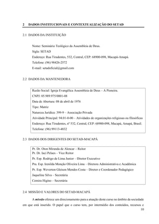 10
2 DADOS INSTITUCIONAIS E CONTEXTUALIZAÇÃO DO SETAD
2.1 DADOS DA INSTITUIÇÃO
Nome: Seminário Teológico da Assembleia de Deus.
Sigla: SETAD
Endereço: Rua Tiradentes, 532, Central, CEP: 68900-098, Macapá-Amapá.
Telefone: (96) 98426-2572
E-mail: setadoficial@gmail.com
2.2 DADOS DA MANTENEDORA
Razão Social: Igreja Evangélica Assembleia de Deus – A Pioneira.
CNPJ: 05.989.975/0001-08
Data de Abertura: 08 de abril de 1976
Tipo: Matriz
Natureza Jurídica: 399-9 – Associação Privada
Atividade Principal: 94.01-0-00 – Atividades de organizações religiosas ou filosóficas
Endereço: Rua Tiradentes, nº 532, Central, CEP: 68900-098, Macapá, Amapá, Brasil.
Telefone: (96) 99113-4832
2.3 DADOS DOS DIRIGENTES DO SETAD-MACAPÁ
Pr. Dr. Oton Miranda de Alencar – Reitor
Pr. Dr. Iaci Pelaes – Vice Reitor
Pr. Esp. Rodrigo de Lima Junior – Diretor Executivo
Pra. Esp. Irenilda Monção Oliveira Lima – Diretora Administrativa e Acadêmica
Pr. Esp. Weverton Gleison Mendes Costa – Diretor e Coordenador Pedagógico
Jaqueline Silva – Secretária
Cemira Higino – Secretária
2.4 MISSÃO E VALORES DO SETAD-MACAPÁ
A missão oferece um direcionamento para a atuação deste curso no âmbito da sociedade
em que está inserido. O papel que o curso tem, por intermédio dos conteúdos, recursos e
 