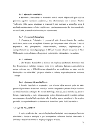 20
4.1.3 Operações Acadêmicas
A Secretaria Administrativa e Acadêmica são os setores responsáveis por todos os
processos, registros e controles acadêmicos, e pelo relacionamento com os alunos e Núcleos
Teológicos. Além dessas atividades, é responsável pela matrícula e exclusões, apoio à
confecção de documentos e ofícios, recebimento e guarda de documentos dos alunos, confecção
de certificados, e controle administrativo de turmas-cursos.
4.1.4 Coordenação Pedagógica
A Coordenação Pedagógica é responsável pelo desenvolvimento das matrizes
curriculares, assim como pelos planos de ensino que integram os cursos ofertados. O setor é
responsável pelo planejamento, desenvolvimento, avaliação, implementação e
acompanhamento do material pedagógico do SETAD-Macapá, referente aos cursos de Nível
Médio, assim como pelo desenvolvimento do ensino prático e dos estágios curriculares.
4.1.5 Biblioteca
O setor de apoio didático tem se dedicado em projetos e recolhimento de recursos para
fins de compras de materiais impressos como livros teológicos, dicionários, comentários e
outros. Além de que, o SETAD-Macapá disponibiliza aos acadêmicos um vasto material
bibliográfico em mídia (PDF) que pode subsidiar o ensino e a aprendizagem dos alunos de
Teologia.
4.1.6 Apoio aos Núcleos Teológicos
A Direção Acadêmica é responsável pelo contato inicial com os polos de apoio
presencial para turmas de bacharel e de nível Médio. É responsável pela verificação detalhada
da infraestrutura das instalações dos núcleos de teologia para que, dessa maneira, seja possível
firmar a parceria entre as partes interessadas no ensino. Além disso, existe o contato contínuo
com os gestores de cada Núcleo teológico afim de auditar a parte administrativa dos serviços
prestados, acompanhando todas as demandas de material de apoio, didático e docência.
4.2 EQUIPE ACADÊMICA
A equipe acadêmica dos cursos de bacharel em Teologia é composta por profissionais
vinculados à docência teológica e que desempenham diferentes funções relacionadas à
elaboração e desenvolvimento do projeto pedagógico do curso.
 