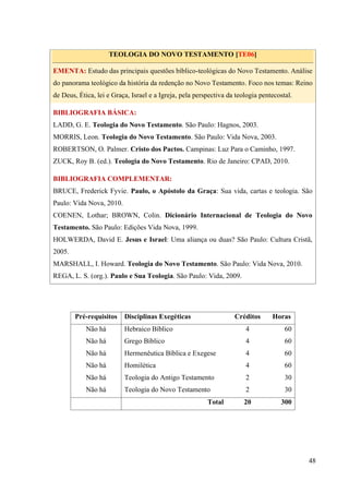 48
TEOLOGIA DO NOVO TESTAMENTO [TE06]
EMENTA: Estudo das principais questões bíblico-teológicas do Novo Testamento. Análise
do panorama teológico da história da redenção no Novo Testamento. Foco nos temas: Reino
de Deus, Ética, lei e Graça, Israel e a Igreja, pela perspectiva da teologia pentecostal.
BIBLIOGRAFIA BÁSICA:
LADD, G. E. Teologia do Novo Testamento. São Paulo: Hagnos, 2003.
MORRIS, Leon. Teologia do Novo Testamento. São Paulo: Vida Nova, 2003.
ROBERTSON, O. Palmer. Cristo dos Pactos. Campinas: Luz Para o Caminho, 1997.
ZUCK, Roy B. (ed.). Teologia do Novo Testamento. Rio de Janeiro: CPAD, 2010.
BIBLIOGRAFIA COMPLEMENTAR:
BRUCE, Frederick Fyvie. Paulo, o Apóstolo da Graça: Sua vida, cartas e teologia. São
Paulo: Vida Nova, 2010.
COENEN, Lothar; BROWN, Colin. Dicionário Internacional de Teologia do Novo
Testamento. São Paulo: Edições Vida Nova, 1999.
HOLWERDA, David E. Jesus e Israel: Uma aliança ou duas? São Paulo: Cultura Cristã,
2005.
MARSHALL, I. Howard. Teologia do Novo Testamento. São Paulo: Vida Nova, 2010.
REGA, L. S. (org.). Paulo e Sua Teologia. São Paulo: Vida, 2009.
Pré-requisitos Disciplinas Exegéticas Créditos Horas
Não há Hebraico Bíblico 4 60
Não há Grego Bíblico 4 60
Não há Hermenêutica Bíblica e Exegese 4 60
Não há Homilética 4 60
Não há Teologia do Antigo Testamento 2 30
Não há Teologia do Novo Testamento 2 30
Total 20 300
 